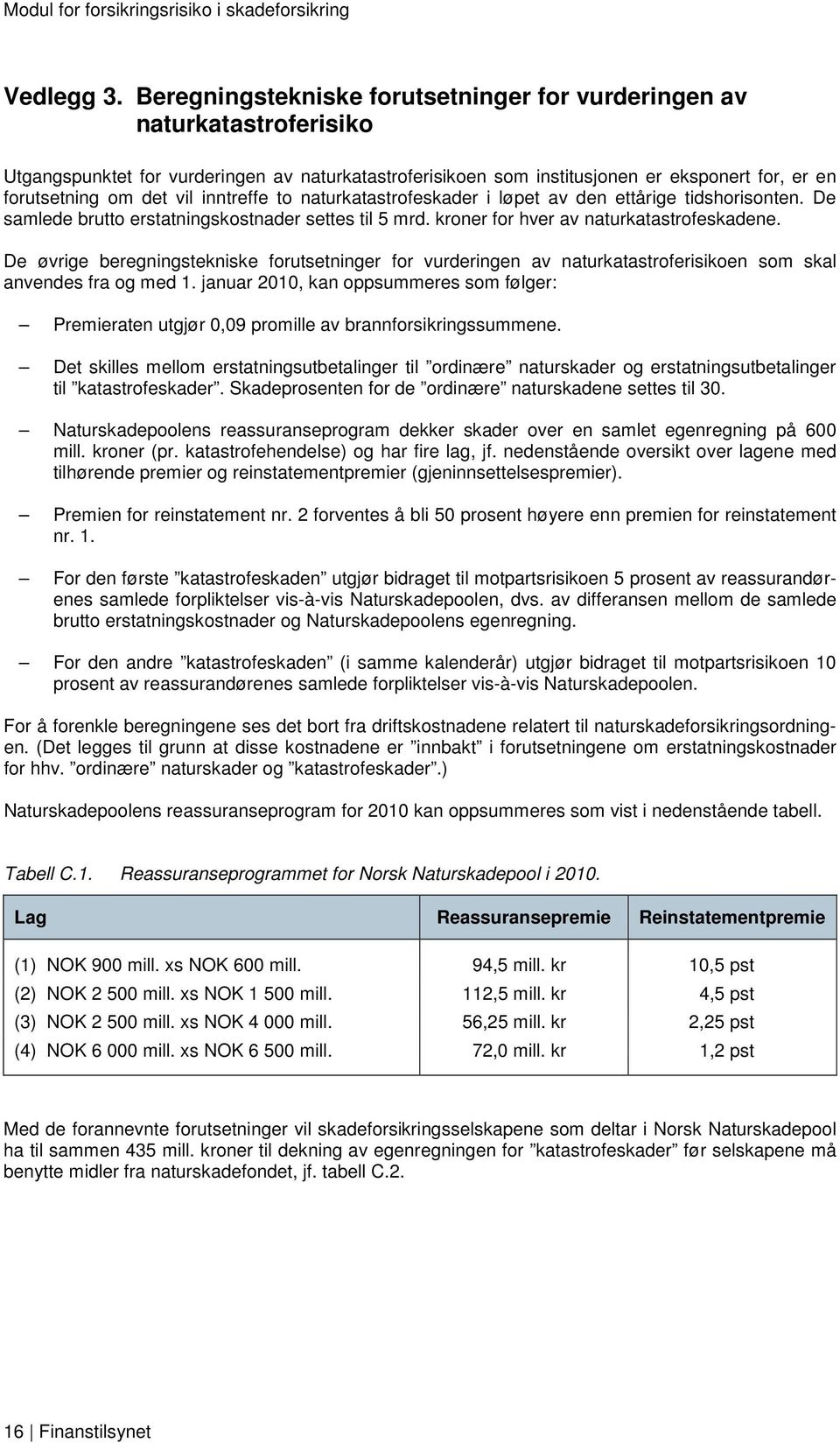 inntreffe to naturkatastrofeskader i løpet av den ettårige tidshorisonten. De samlede brutto erstatningskostnader settes til 5 mrd. kroner for hver av naturkatastrofeskadene.