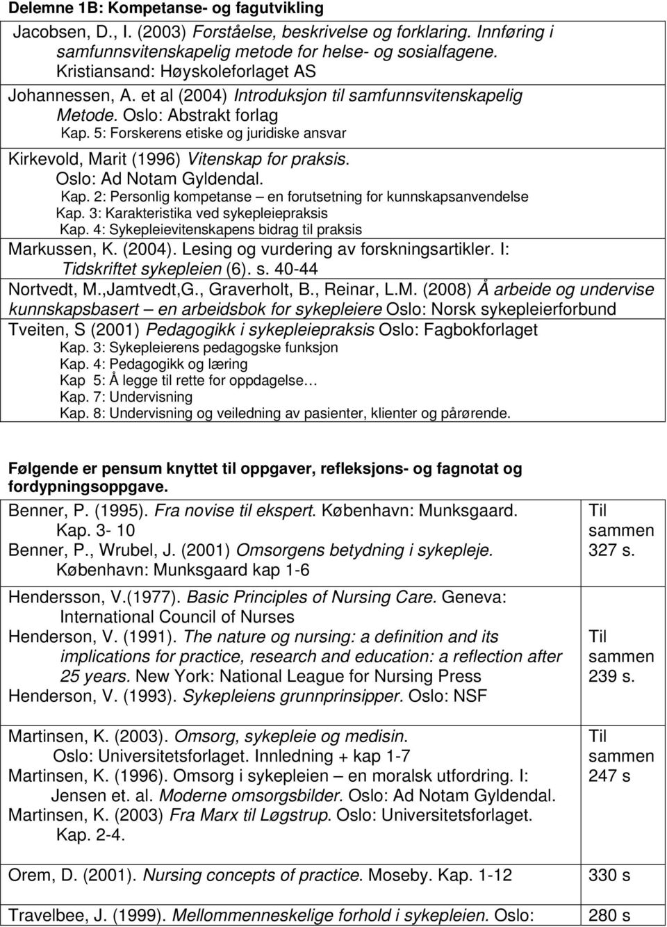 5: Forskerens etiske og juridiske ansvar Kirkevold, Marit (1996) Vitenskap for praksis. Oslo: Ad Notam Gyldendal. Kap. 2: Personlig kompetanse en forutsetning for kunnskapsanvendelse Kap.