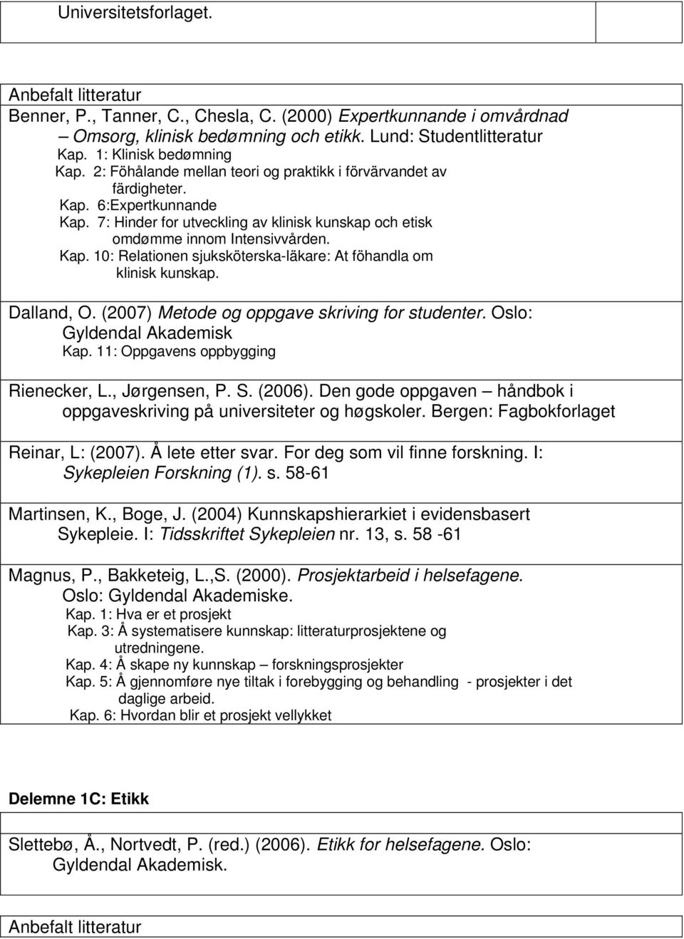 Dalland, O. (2007) Metode og oppgave skriving for studenter. Oslo: Gyldendal Akademisk Kap. 11: Oppgavens oppbygging Rienecker, L., Jørgensen, P. S. (2006).