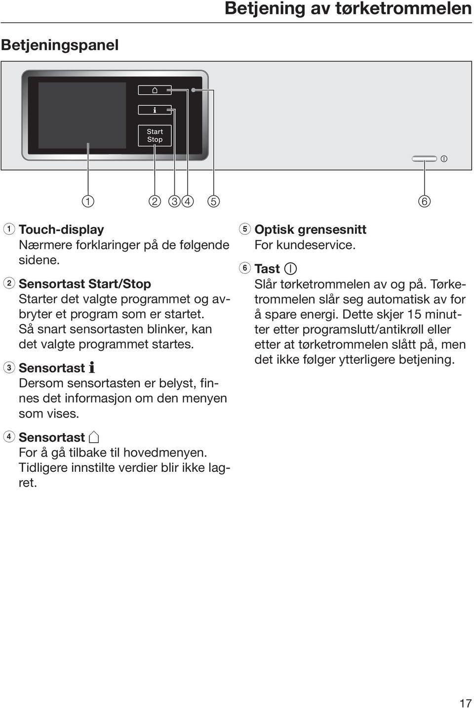 c Sensortast Dersom sensortasten er belyst, finnes det informasjon om den menyen som vises. e Optisk grensesnitt For kundeservice. f Tast Slår tørketrommelen av og på.