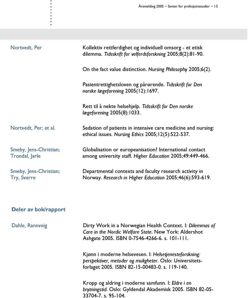 2005(8):1033 Nortvedt, Per; et al Smeby, Jens-Christian; Trondal, Jarle Smeby, Jens-Christian; Try, Sverre Sedation of patients in intensive care medicine and nursing: ethical issues Nursing Ethics