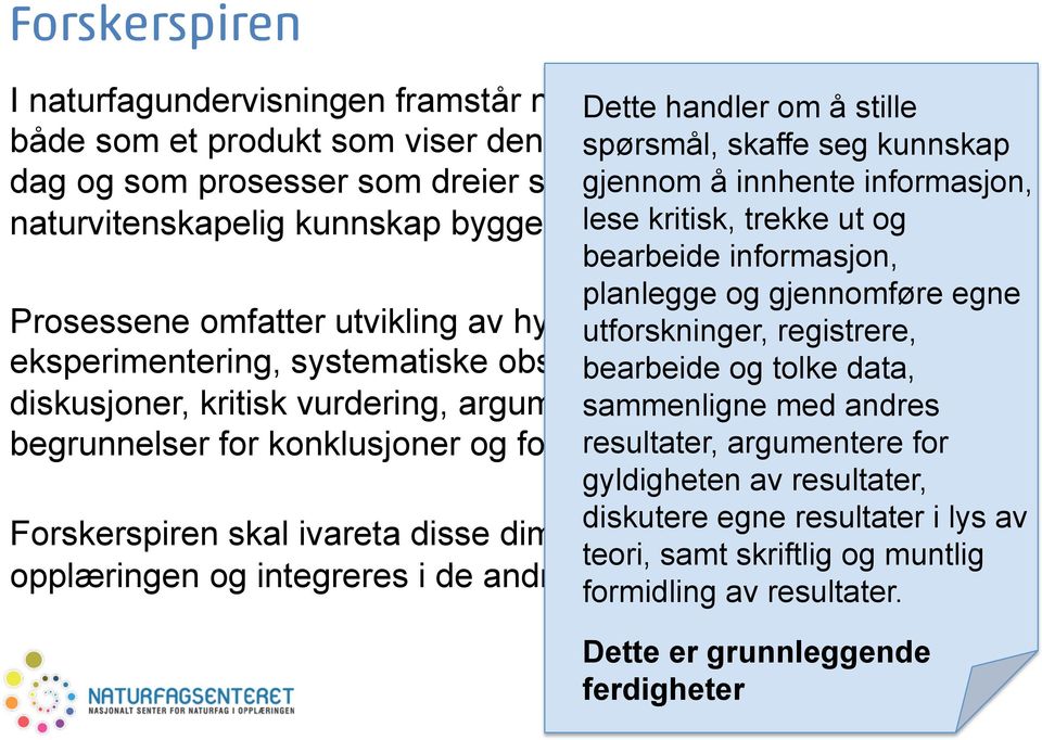 kritisk, trekke ut og bearbeide informasjon, planlegge og gjennomføre egne Prosessene omfatter utvikling av hypoteser, utforskninger, registrere, eksperimentering, systematiske observasjoner,