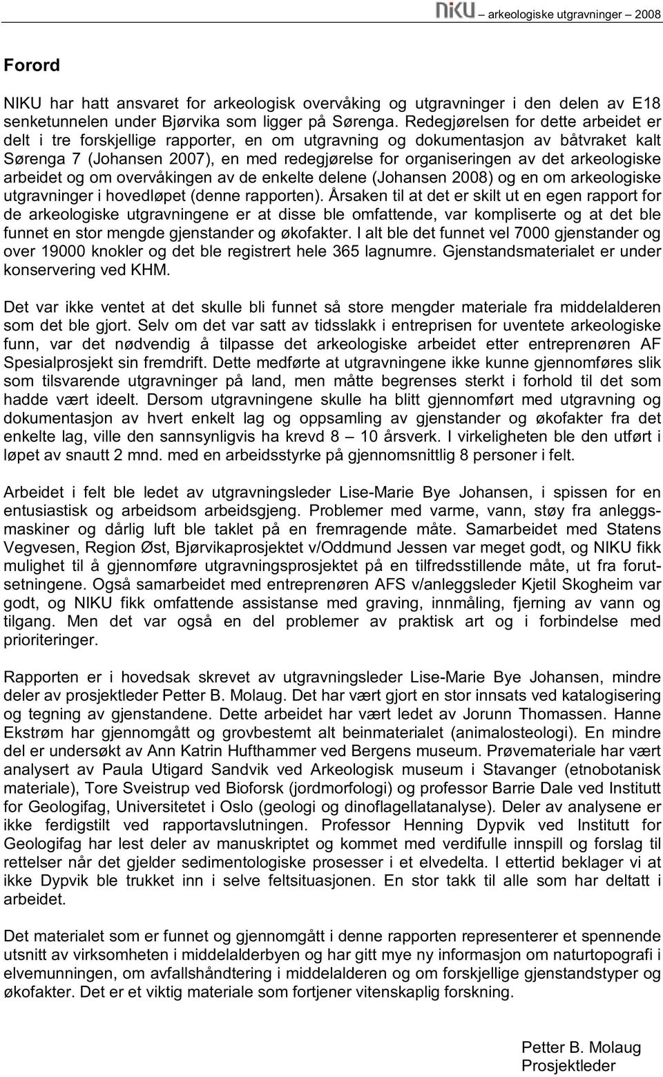 arkeologiske arbeidet og om overvåkingen av de enkelte delene (Johansen 2008) og en om arkeologiske utgravninger i hovedløpet (denne rapporten).