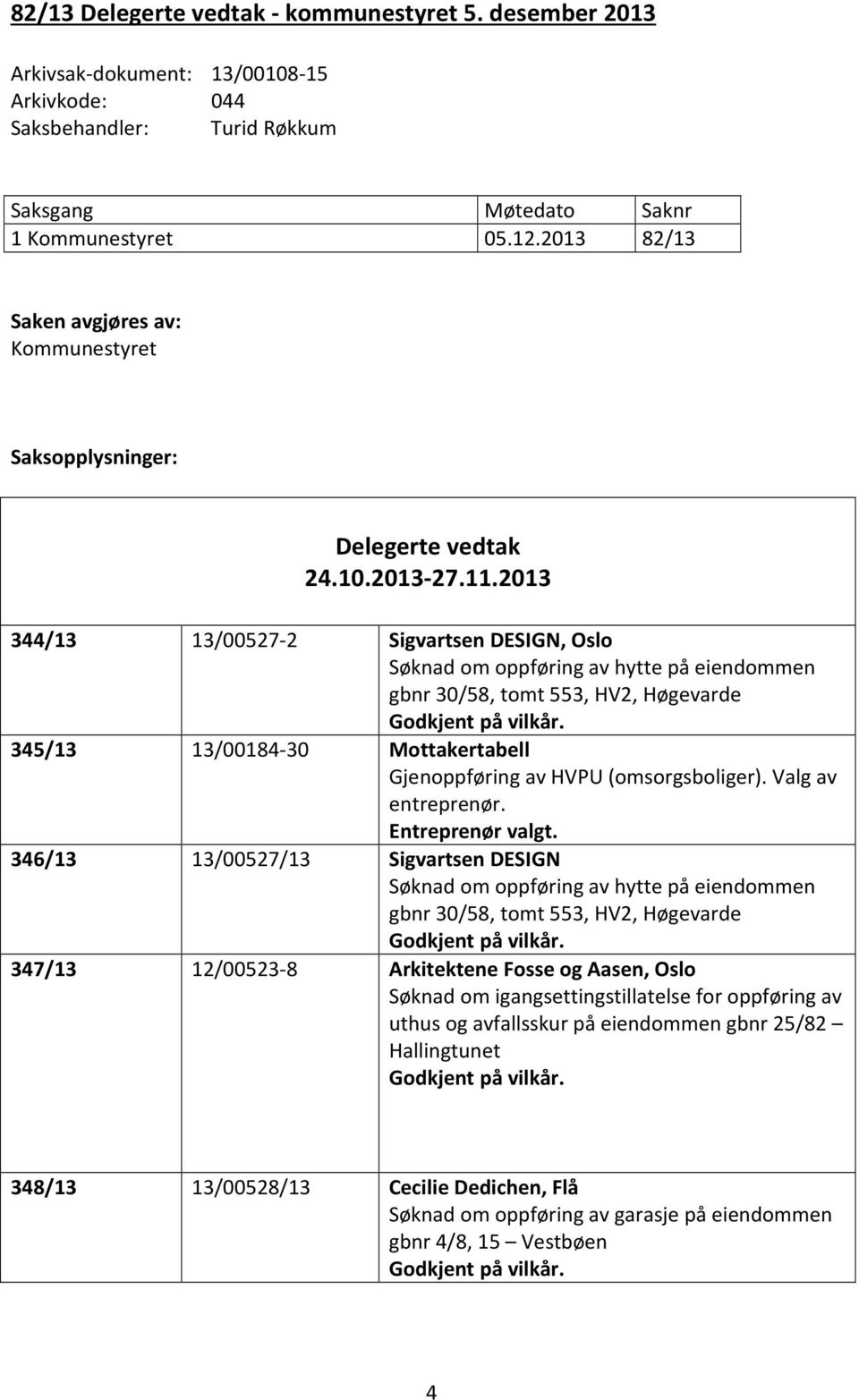 2013 344/13 13/00527-2 Sigvartsen DESIGN, Oslo Søknad om oppføring av hytte på eiendommen gbnr 30/58, tomt 553, HV2, Høgevarde Godkjent på vilkår.