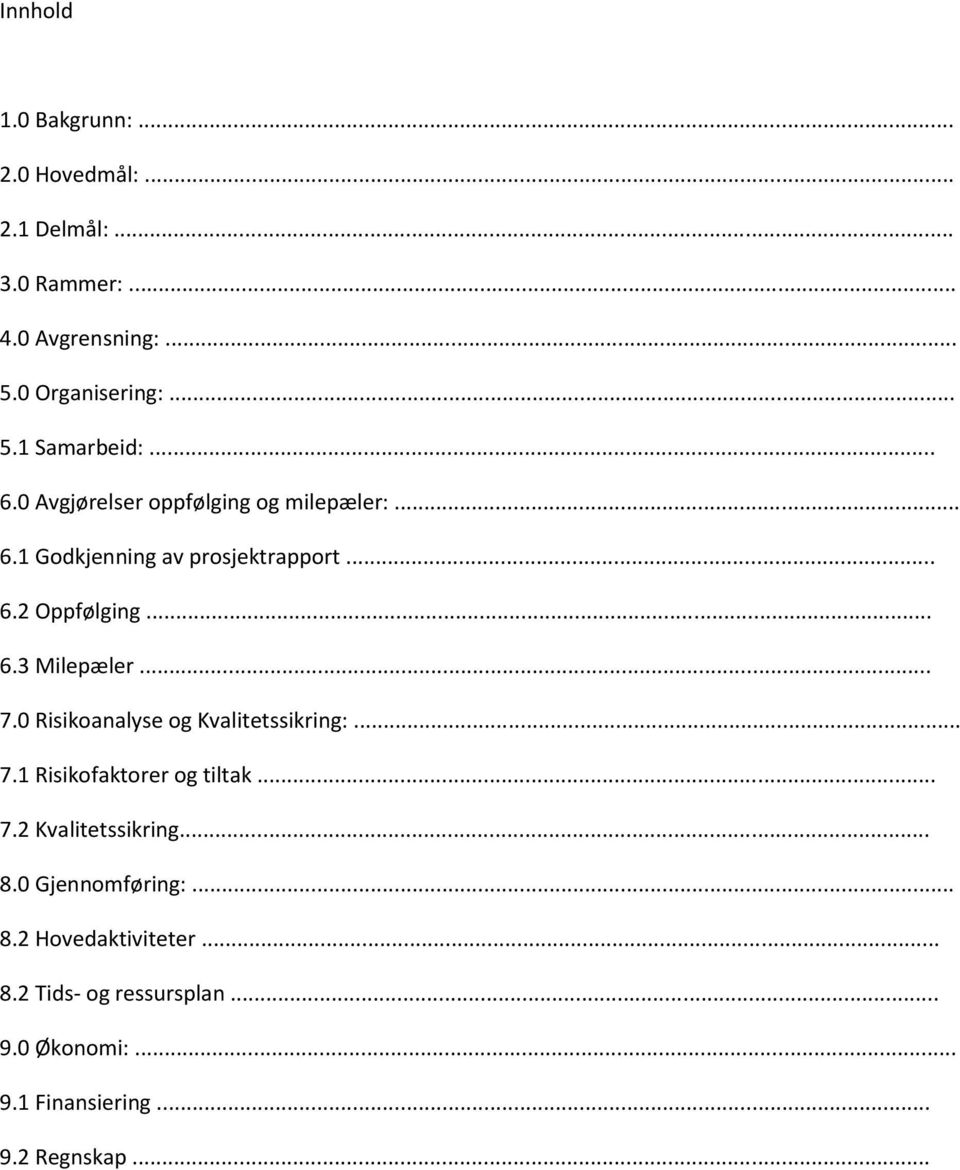 .. 7.0 Risikoanalyse og Kvalitetssikring:... 7.1 Risikofaktorer og tiltak... 7.2 Kvalitetssikring... 8.