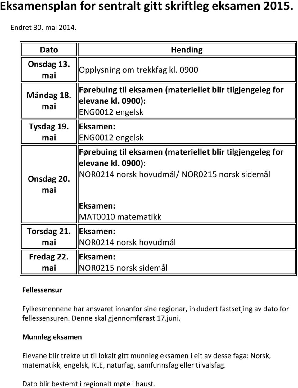 0900): ENG0012 engelsk Eksamen: ENG0012 engelsk Førebuing til eksamen (materiellet blir tilgjengeleg for elevane kl.