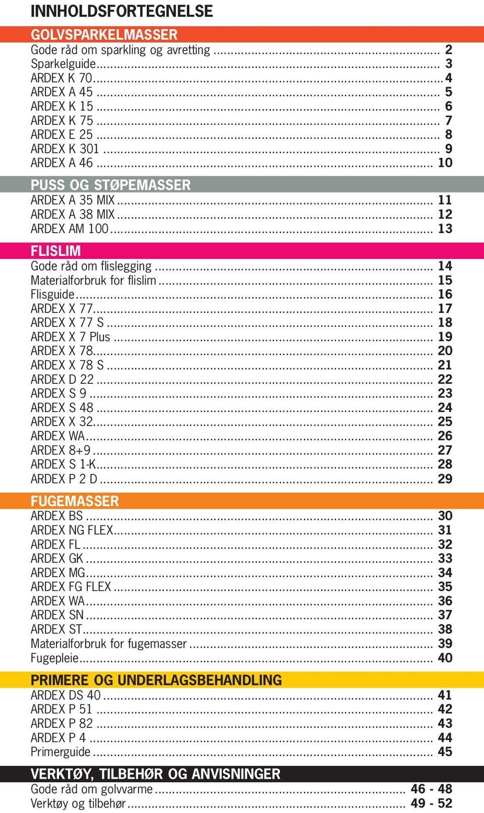 .. 17 ARDEX X 77 S... 18 ARDEX X 7 Plus... 19 ARDEX X 78... 20 ARDEX X 78 S... 21 ARDEX D 22... 22 ARDEX S 9... 23 ARDEX S 48... 24 ARDEX X 32... 25 ARDEX WA... 26 ARDEX 8+9... 27 ARDEX S 1-K.