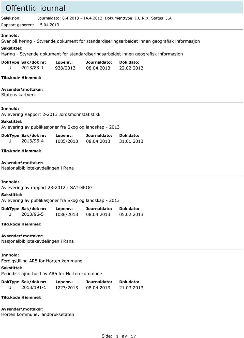 938/2013 08.04.2013 22.02.2013 Statens kartverk Avlevering Rapport 2-2013 Jordsmonnstatistikk Avlevering av publikasjoner fra Skog og landskap - 2013 2013/96-4 1085/2013 08.04.2013 31.01.2013 Nasjonalbibliotekavdelingen i Rana Avlevering av rapport 23-2012 - SAT-SKOG Avlevering av publikasjoner fra Skog og landskap - 2013 2013/96-5 1086/2013 08.