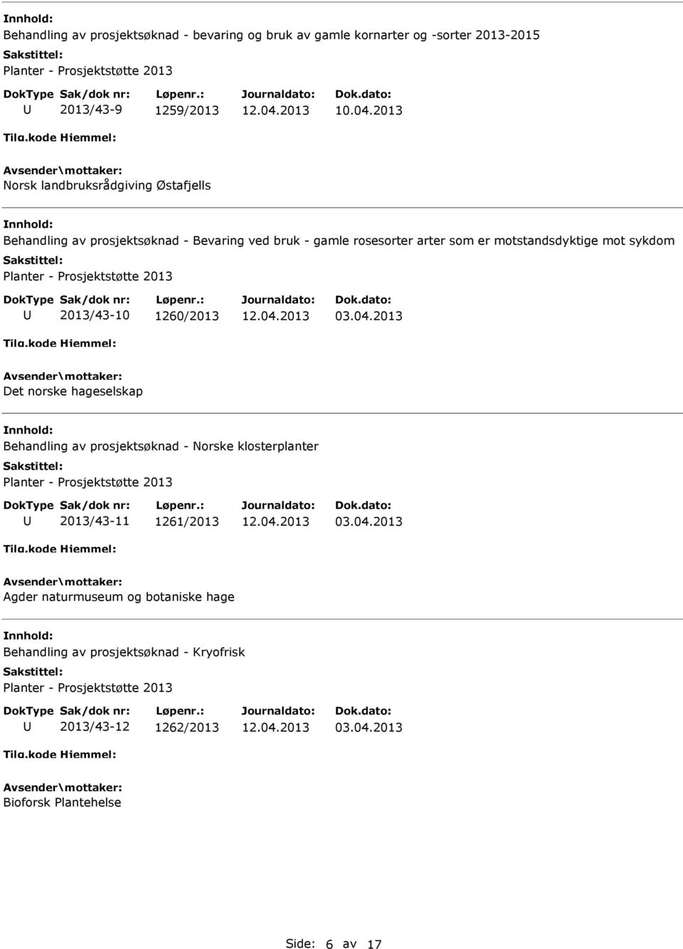 Prosjektstøtte 2013 2013/43-10 1260/2013 Det norske hageselskap Behandling av prosjektsøknad - Norske klosterplanter Planter - Prosjektstøtte 2013