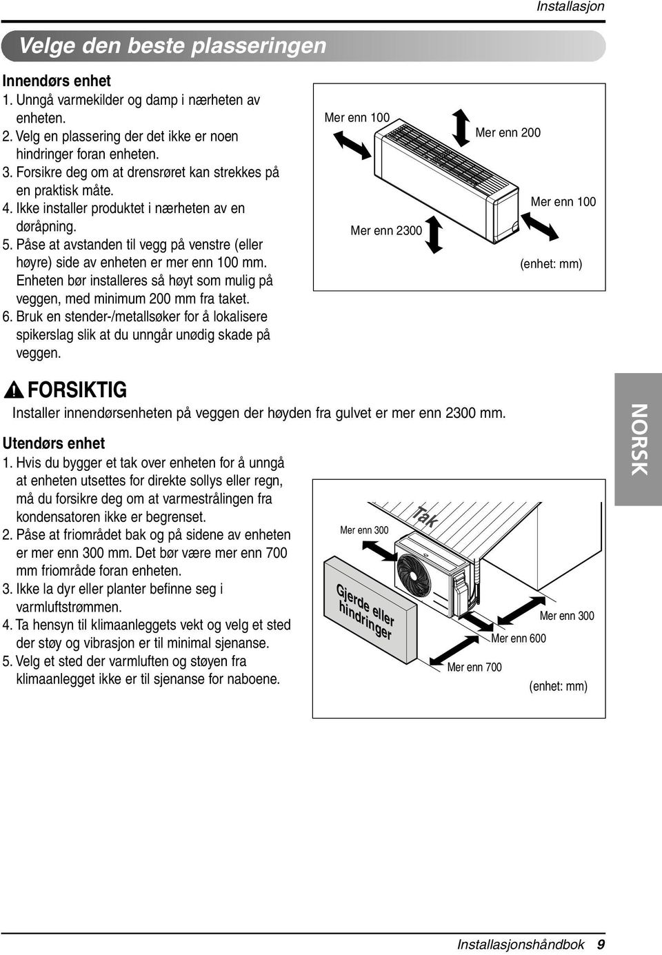 Påse at avstanden til vegg på venstre (eller høyre) side av enheten er mer enn 100 mm. Enheten bør installeres så høyt som mulig på veggen, med minimum 200 mm fra taket. 6.