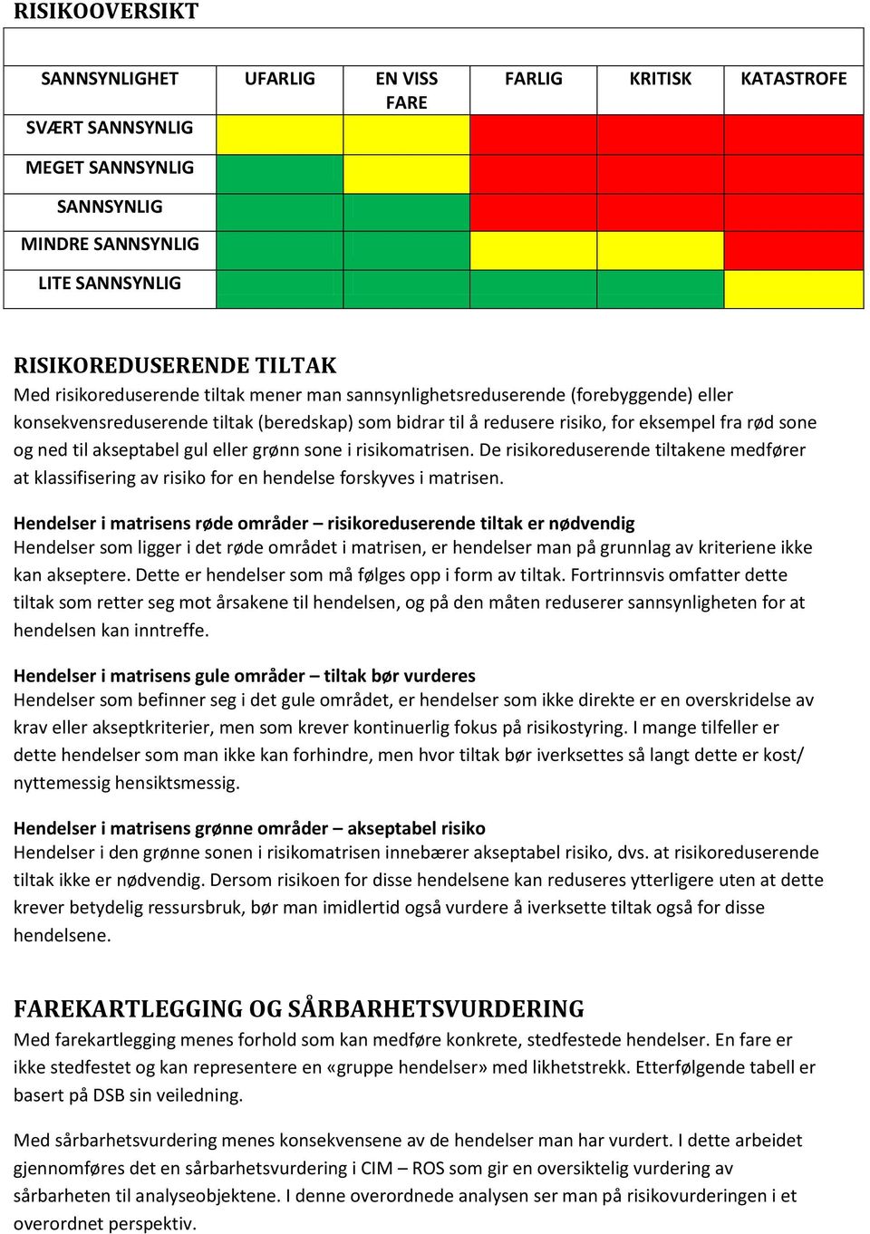 grønn sone i risikomatrisen. De risikoreduserende tiltakene medfører at klassifisering av risiko for en hendelse forskyves i matrisen.