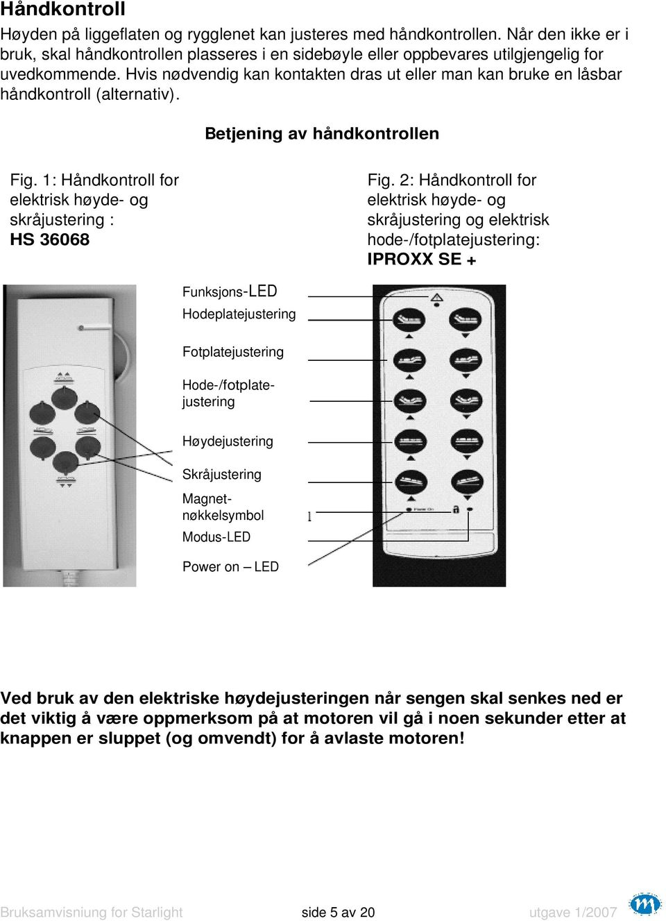 2: Håndkontroll for elektrisk høyde- og skråjustering og elektrisk hode-/fotplatejustering: IPROXX SE + Funksjons-LED Hodeplatejustering Fotplatejustering Høydejustering Skråjustering
