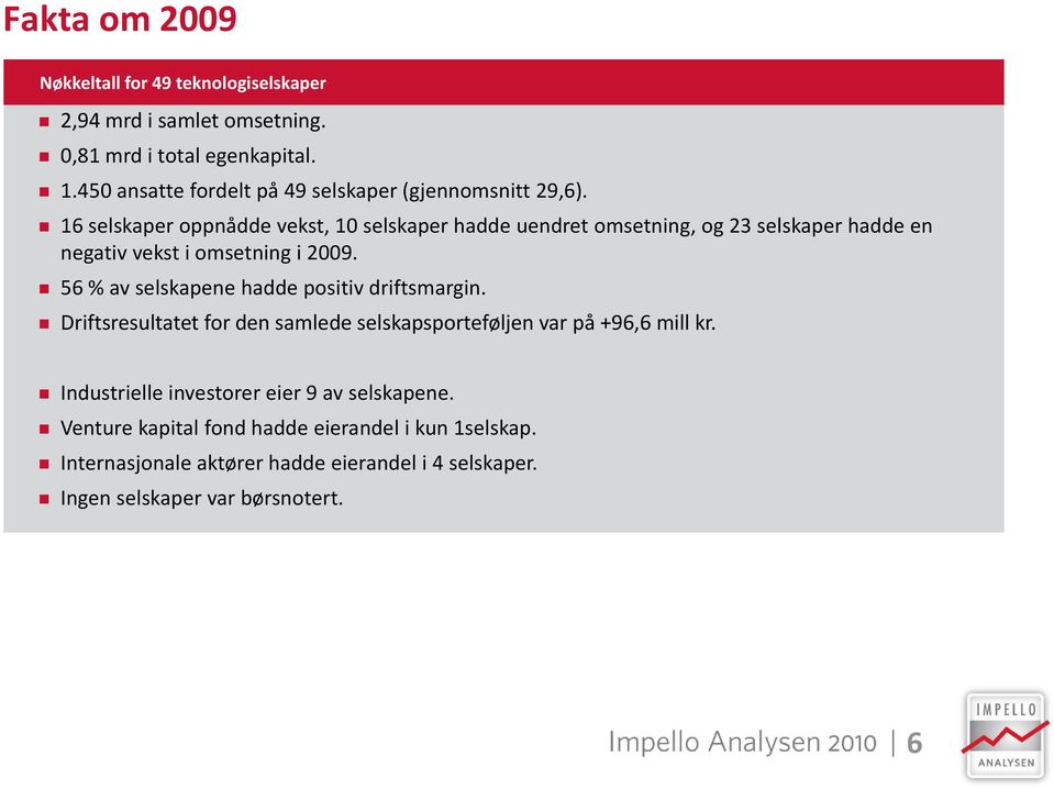 16 selskaper oppnådde vekst, 10 selskaper hadde uendret omsetning, og 23 selskaper hadde en negativ vekst i omsetning i 2009.