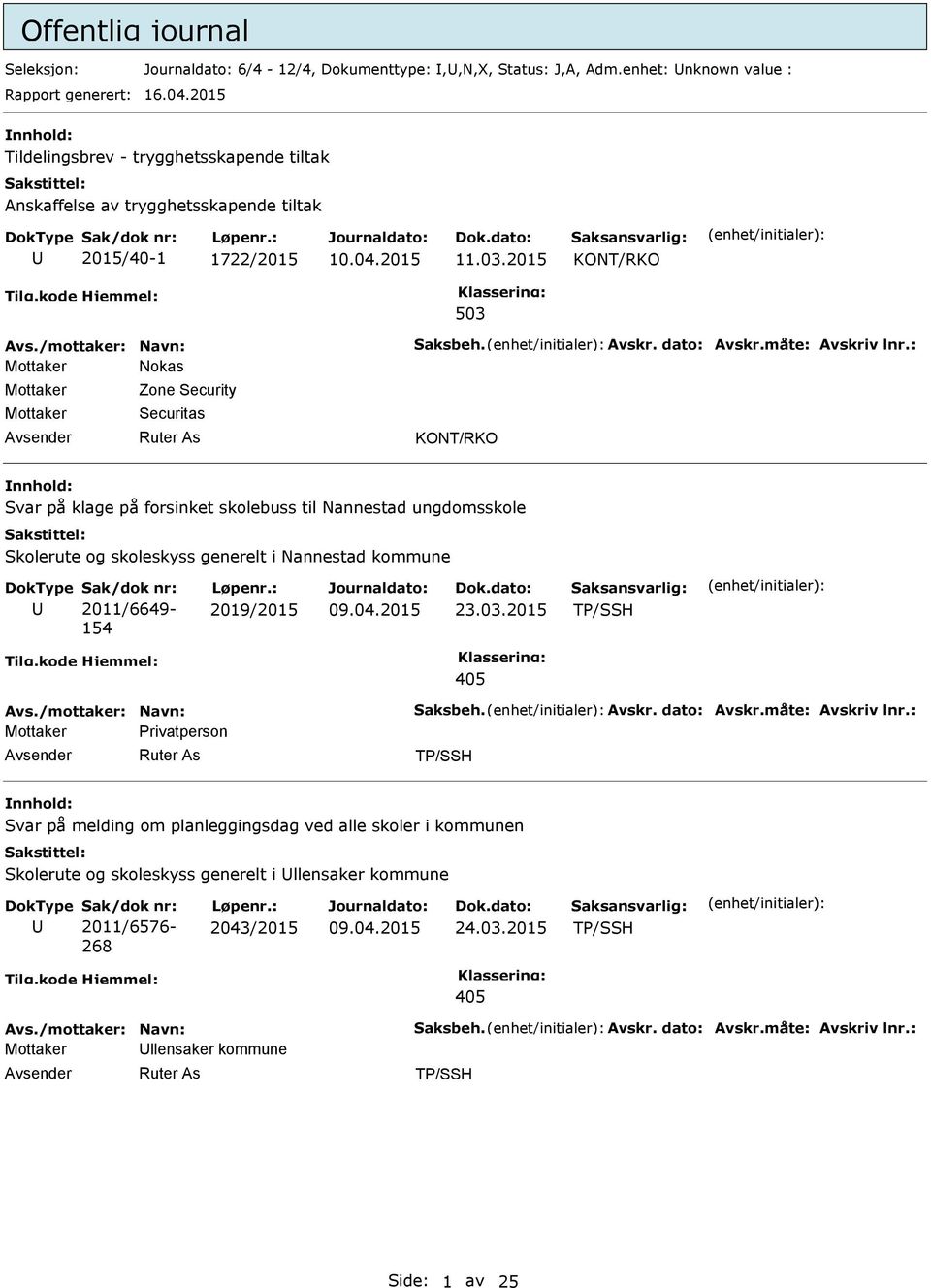 2015 KONT/RKO Mottaker Nokas Mottaker Mottaker Zone Security Securitas KONT/RKO Svar på klage på forsinket skolebuss til Nannestad ungdomsskole Skolerute og skoleskyss generelt i