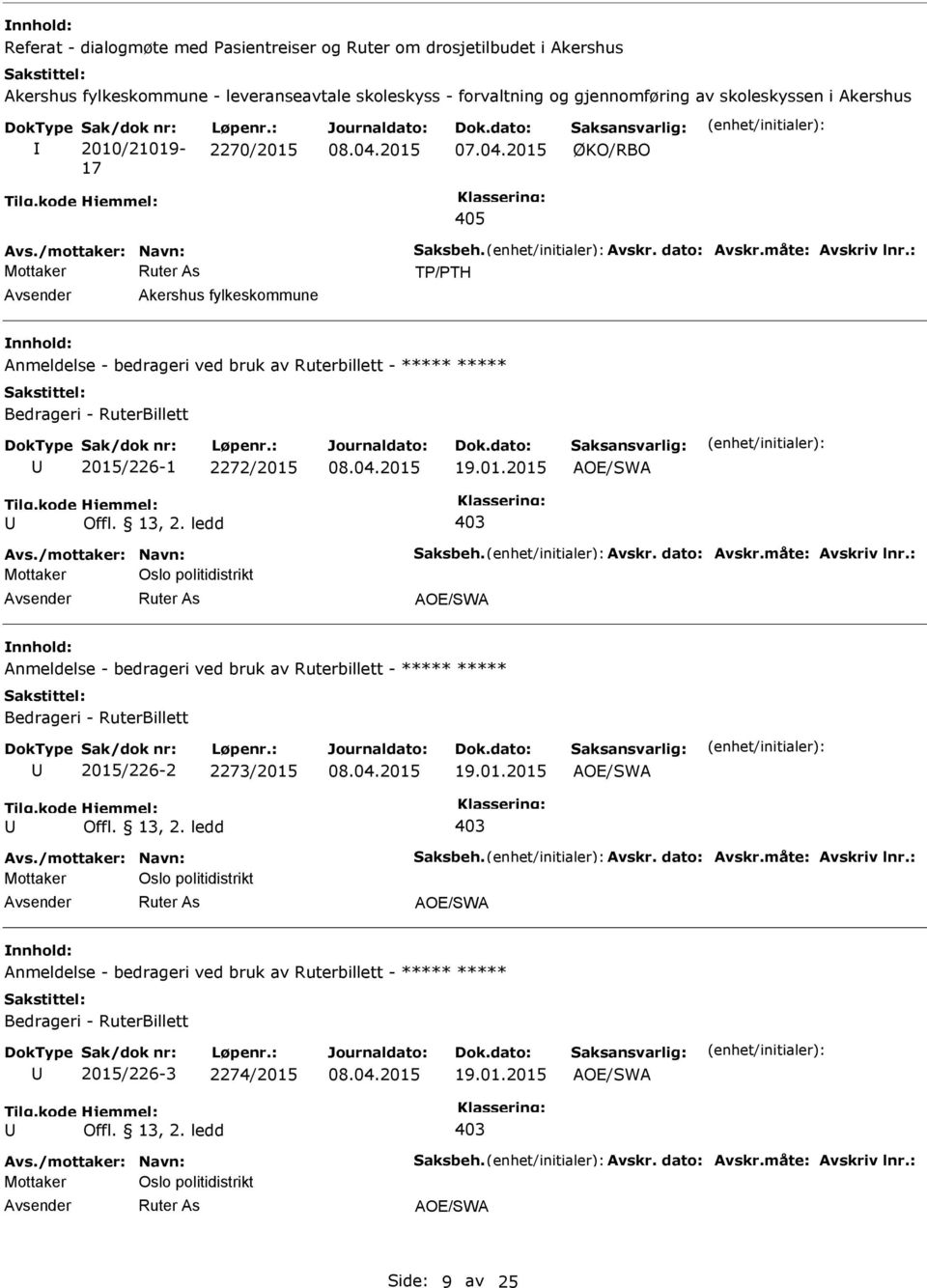 kode Hjemmel: Offl. 13, 2. ledd 403 Mottaker Oslo politidistrikt Anmeldelse - bedrageri ved bruk av Ruterbillett - ***** ***** Bedrageri - RuterBillett 2015/226-2 2273/2015 19.01.2015 Tilg.