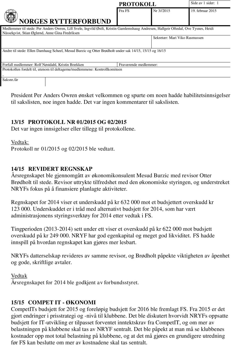 Sekretær: Mari Viko Rasmussen Andre til stede: Ellen Damhaug Scheel, Mesud Burzic og Otter Brødholt under sak 14/15, 15/15 og 16/15 Forfall medlemmer: Rolf Nøstdahl, Kristin Brækken Fraværende