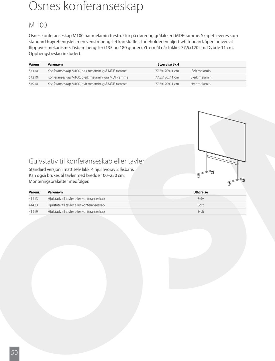 Varenr Varenavn Størrelse BxH 54110 Konferanseskap M100, bøk melamin, grå MDF-ramme 77,5x120x11 cm Bøk melamin 54210 Konferanseskap M100, bjerk melamin, grå MDF-ramme 77,5x120x11 cm Bjerk melamin