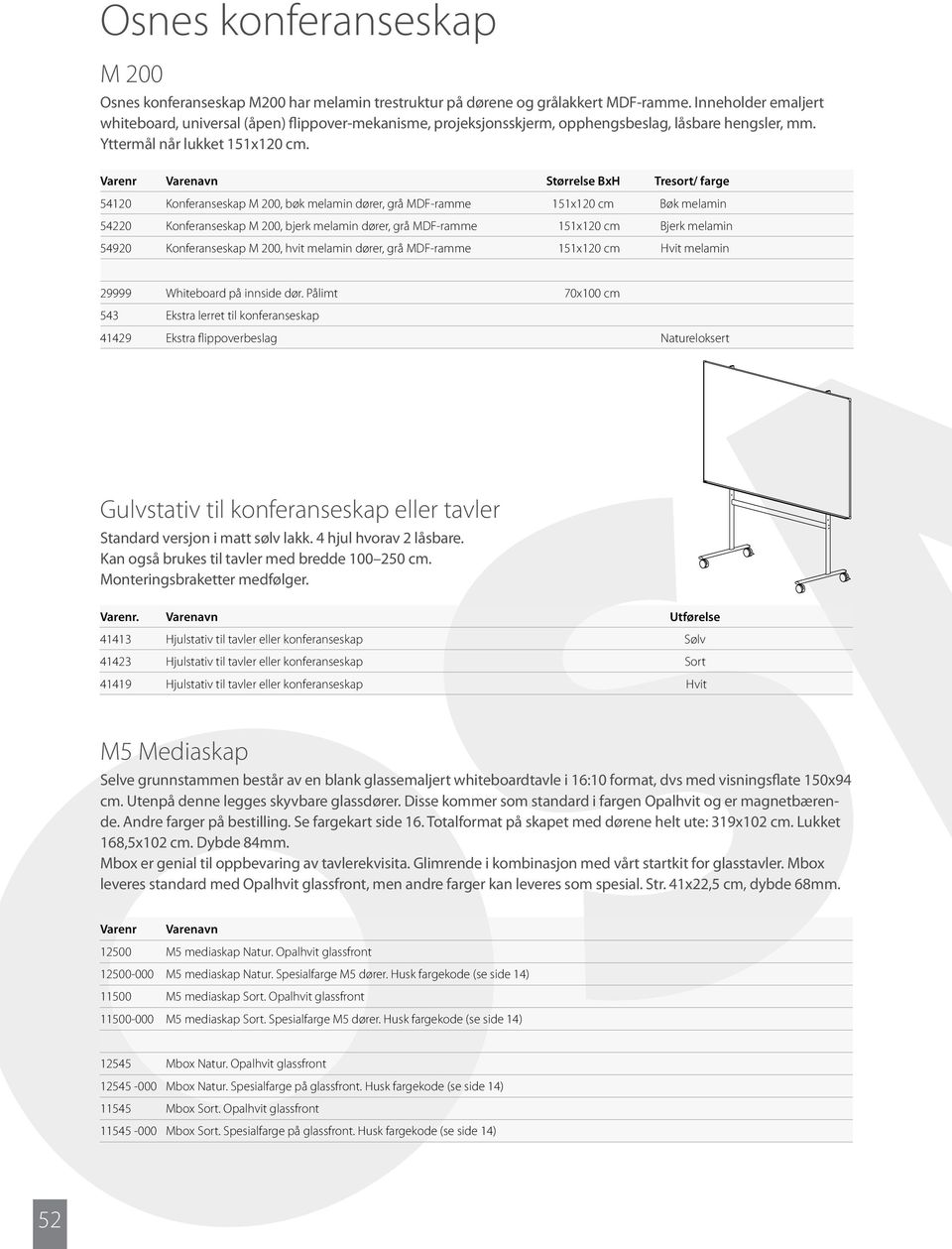 Varenr Varenavn Størrelse BxH Tresort/ farge 54120 Konferanseskap M 200, bøk melamin dører, grå MDF-ramme 151x120 cm Bøk melamin 54220 Konferanseskap M 200, bjerk melamin dører, grå MDF-ramme 151x120