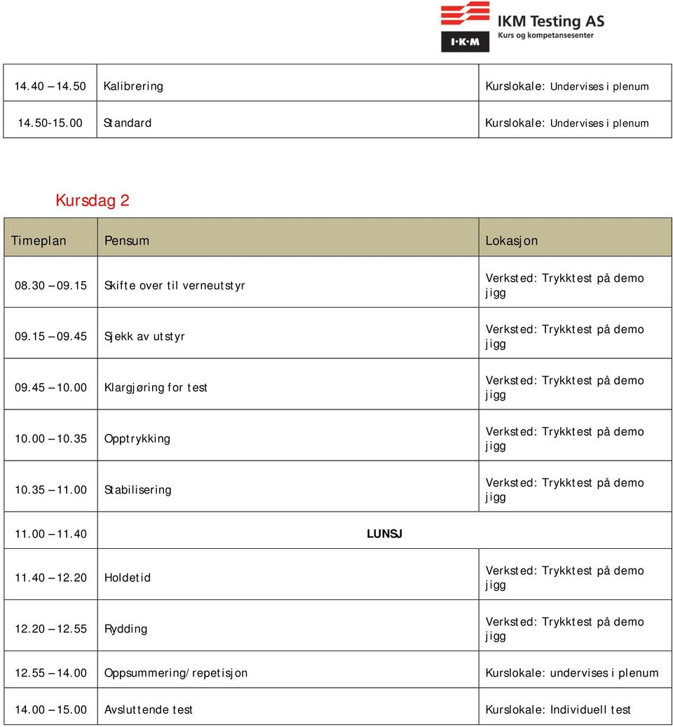 15 Skifte over til verneutstyr 09.15 09.45 Sjekk av utstyr 09.45 10.00 Klargjøring for test 10.00 10.35 Opptrykking 10.