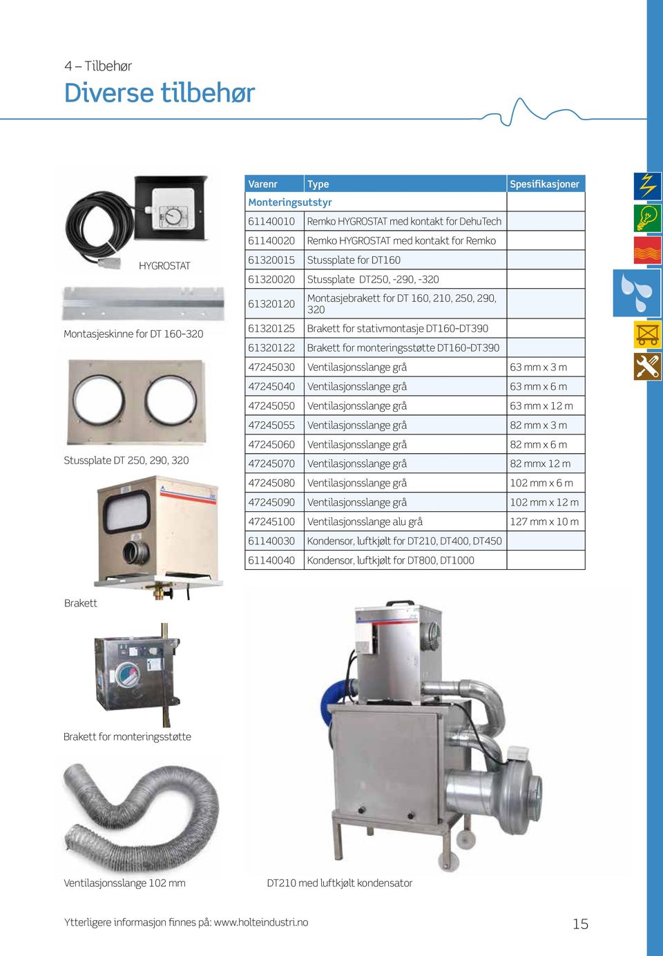 DT160 DT390 61320122 Brakett for monteringsstøtte DT160 DT390 47245030 Ventilasjonsslange grå 63 mm x 3 m 47245040 Ventilasjonsslange grå 63 mm x 6 m 47245050 Ventilasjonsslange grå 63 mm x 12 m