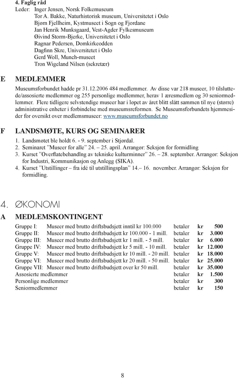 Pedersen, Domkirkeodden Dagfinn Skre, Universitetet i Oslo Gerd Woll, Munch-museet Tron Wigeland Nilsen (sekretær) E F MEDLEMMER Museumsforbundet hadde pr 31.12.2006 484 medlemmer.