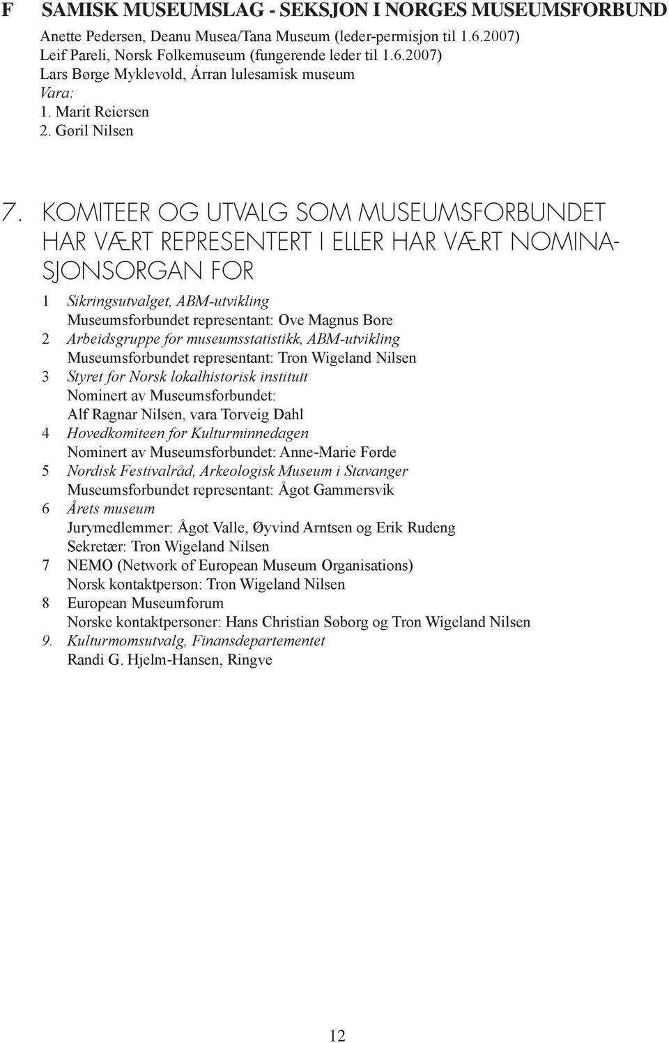 KOMITEER OG UTVALG SOM MUSEUMSFORBUNDET HAR VÆRT REPRESENTERT I ELLER HAR VÆRT NOMINA- SJONSORGAN FOR 1 Sikringsutvalget, ABM-utvikling Museumsforbundet representant: Ove Magnus Bore 2 Arbeidsgruppe