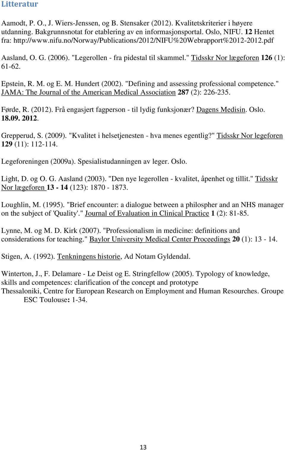Epstein, R. M. og E. M. Hundert (2002). "Defining and assessing professional competence." JAMA: The Journal of the American Medical Association 287 (2): 226-235. Førde, R. (2012).