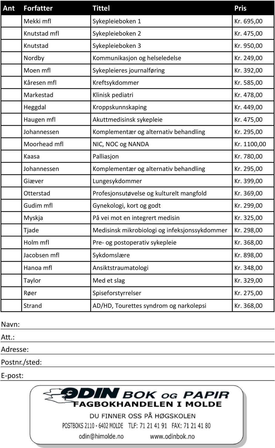 478,00 Heggdal Kroppskunnskaping Kr. 449,00 Haugen mfl Akuttmedisinsk sykepleie Kr. 475,00 Johannessen Komplementær og alternativ behandling Kr. 295,00 Moorhead mfl NIC, NOC og NANDA Kr.