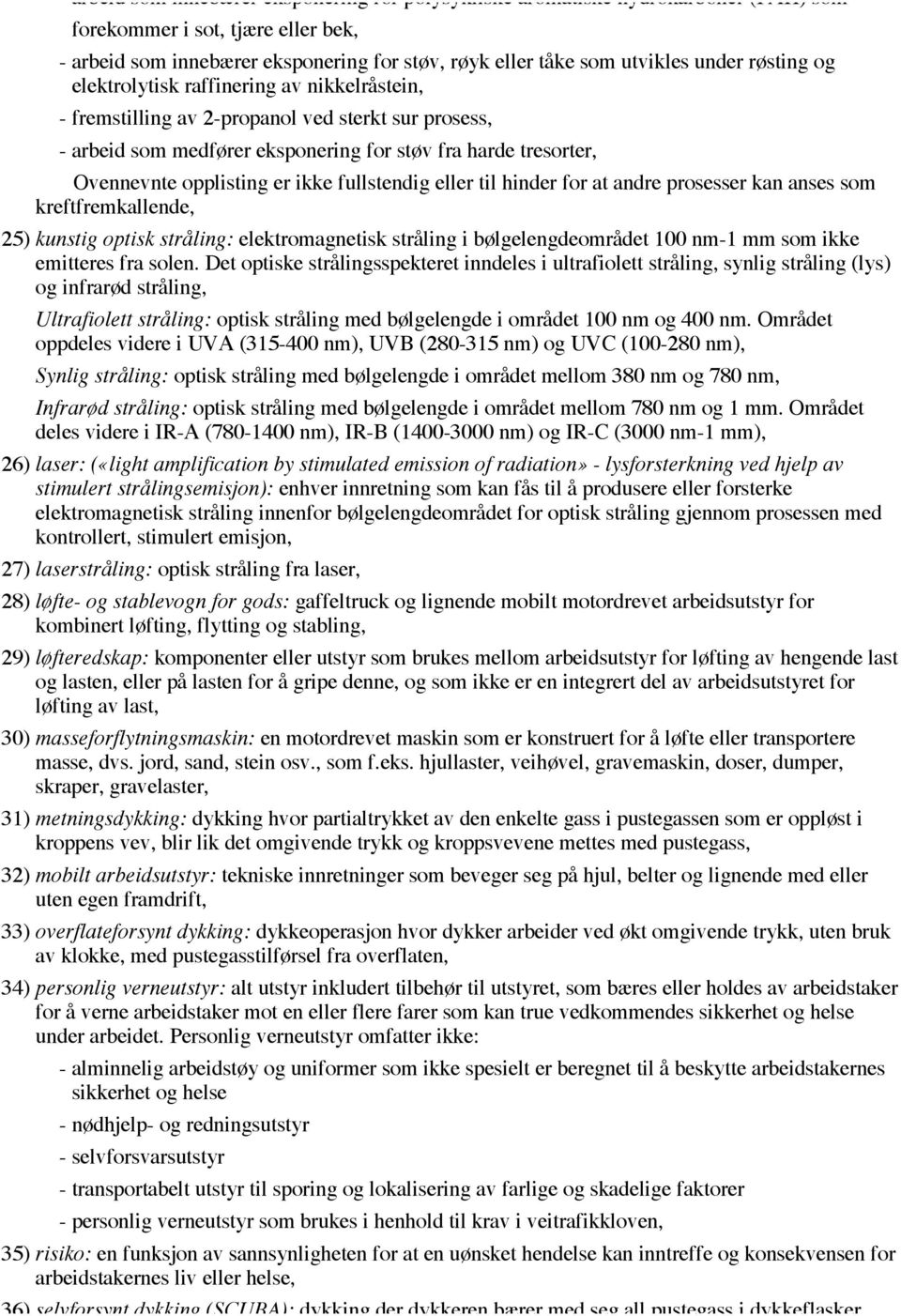 er ikke fullstendig eller til hinder for at andre prosesser kan anses som kreftfremkallende, 25) kunstig optisk stråling: elektromagnetisk stråling i bølgelengdeområdet 100 nm-1 mm som ikke emitteres