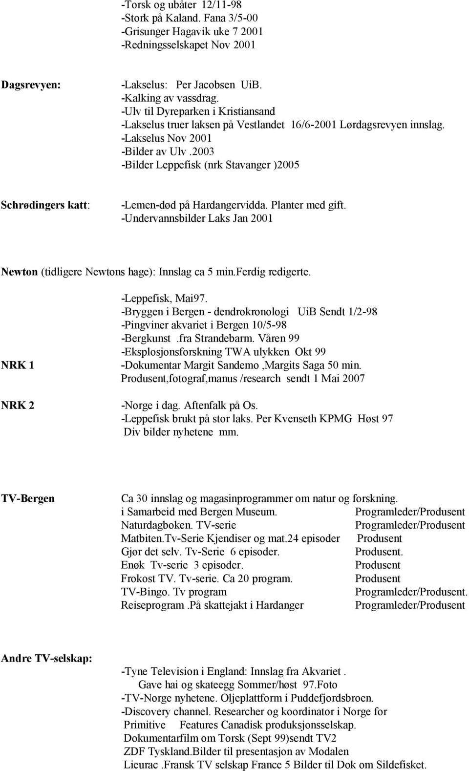 2003 -Bilder Leppefisk (nrk Stavanger )2005 Schrødingers katt: -Lemen-død på Hardangervidda. Planter med gift. -Undervannsbilder Laks Jan 2001 Newton (tidligere Newtons hage): Innslag ca 5 min.