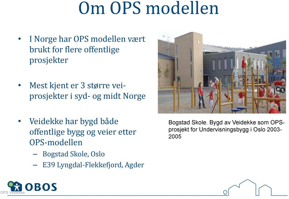 bygg og veier etter OPS-modellen Bogstad Skole, Oslo E39 Lyngdal-Flekkefjord, Agder