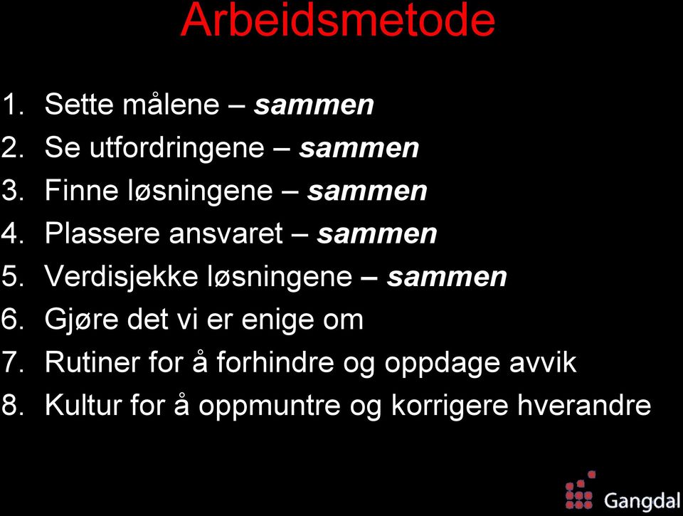 Verdisjekke løsningene sammen 6. Gjøre det vi er enige om 7.