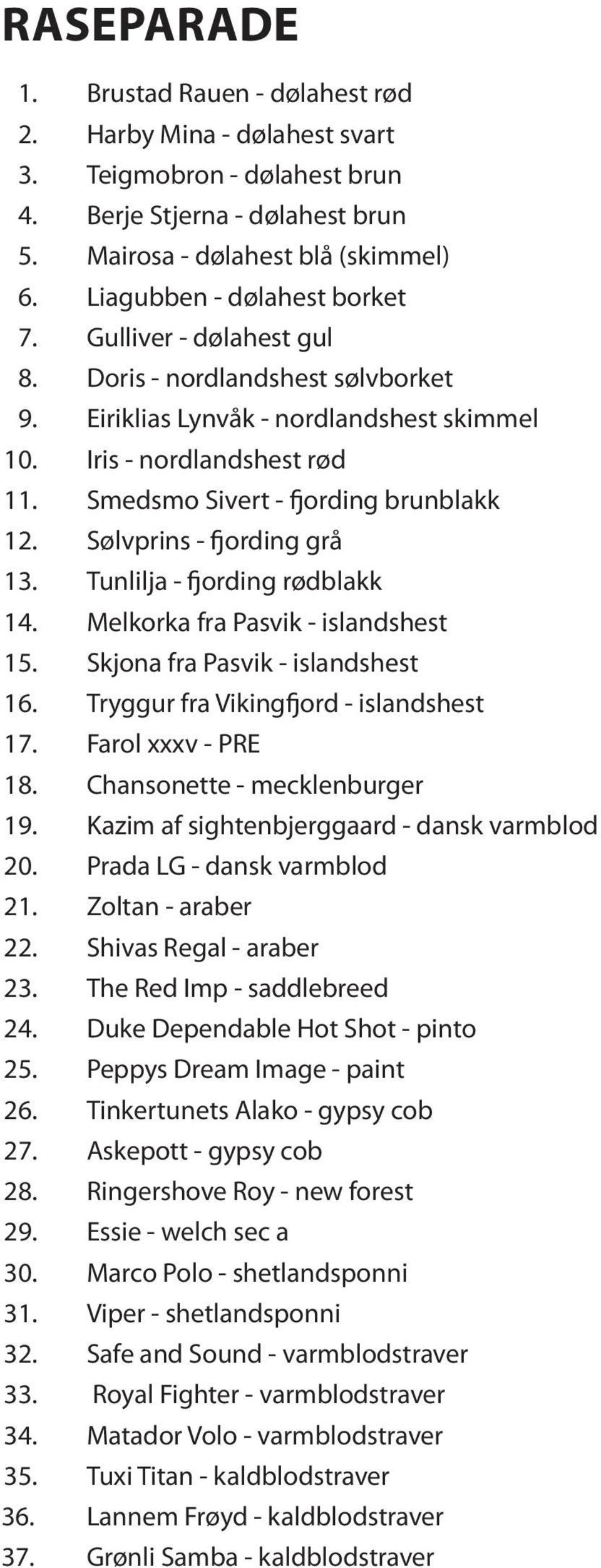 Smedsmo Sivert - fjording brunblakk 12. Sølvprins - fjording grå 13. Tunlilja - fjording rødblakk 14. Melkorka fra Pasvik - islandshest 15. Skjona fra Pasvik - islandshest 16.