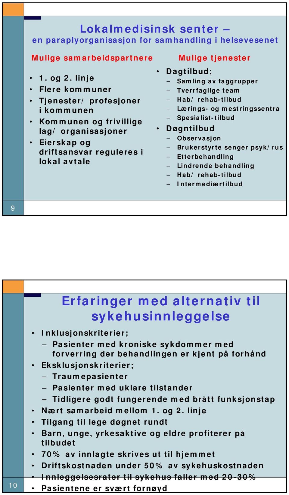 Tverrfaglige team Hab/ rehab-tilbud Lærings- og mestringssentra Spesialist-tilbud Døgntilbud Observasjon Brukerstyrte senger psyk/rus Etterbehandling Lindrende behandling Hab/ rehab-tilbud