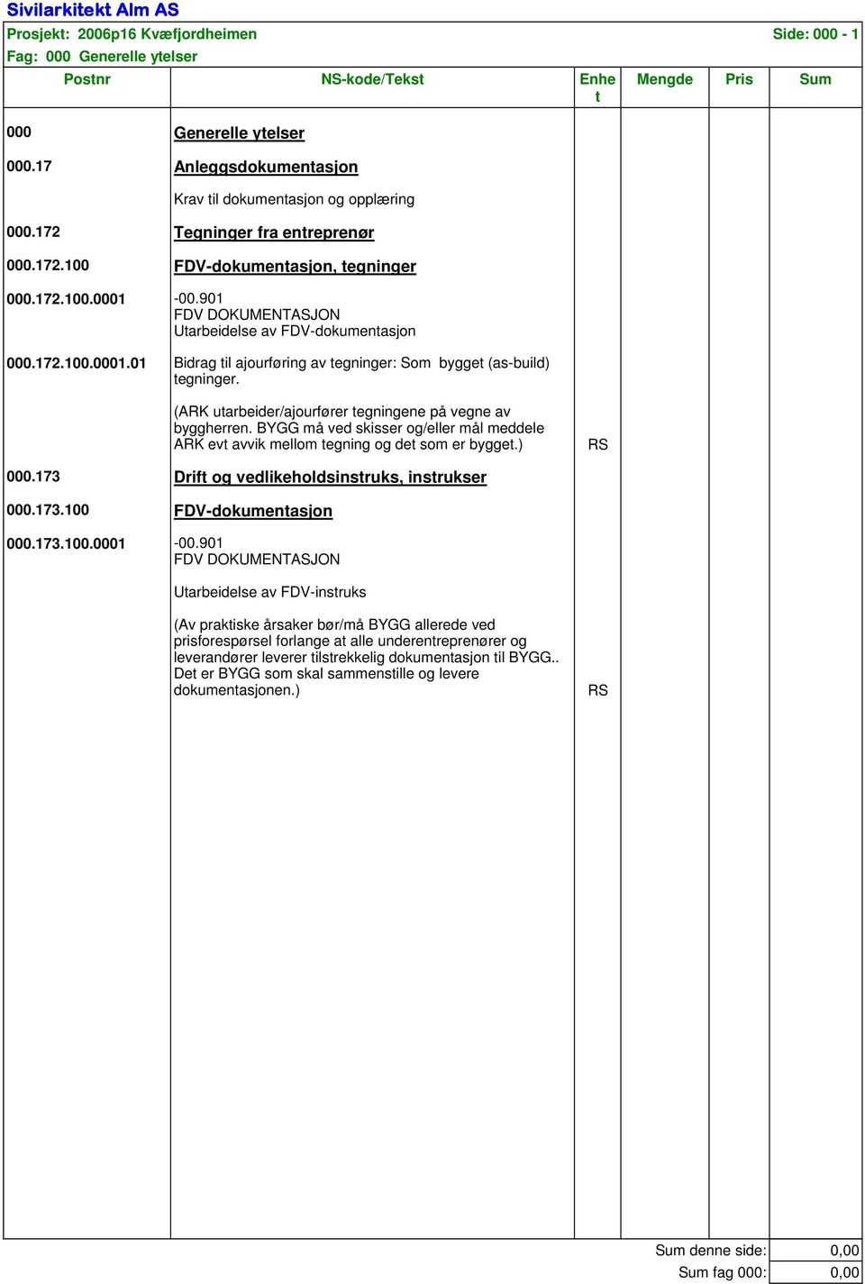 901 FDV DOKUMENTASJON Utarbeidelse av FDV-dokumentasjon 000.172.100.0001.01 Bidrag til ajourføring av tegninger: Som bygget (as-build) tegninger.