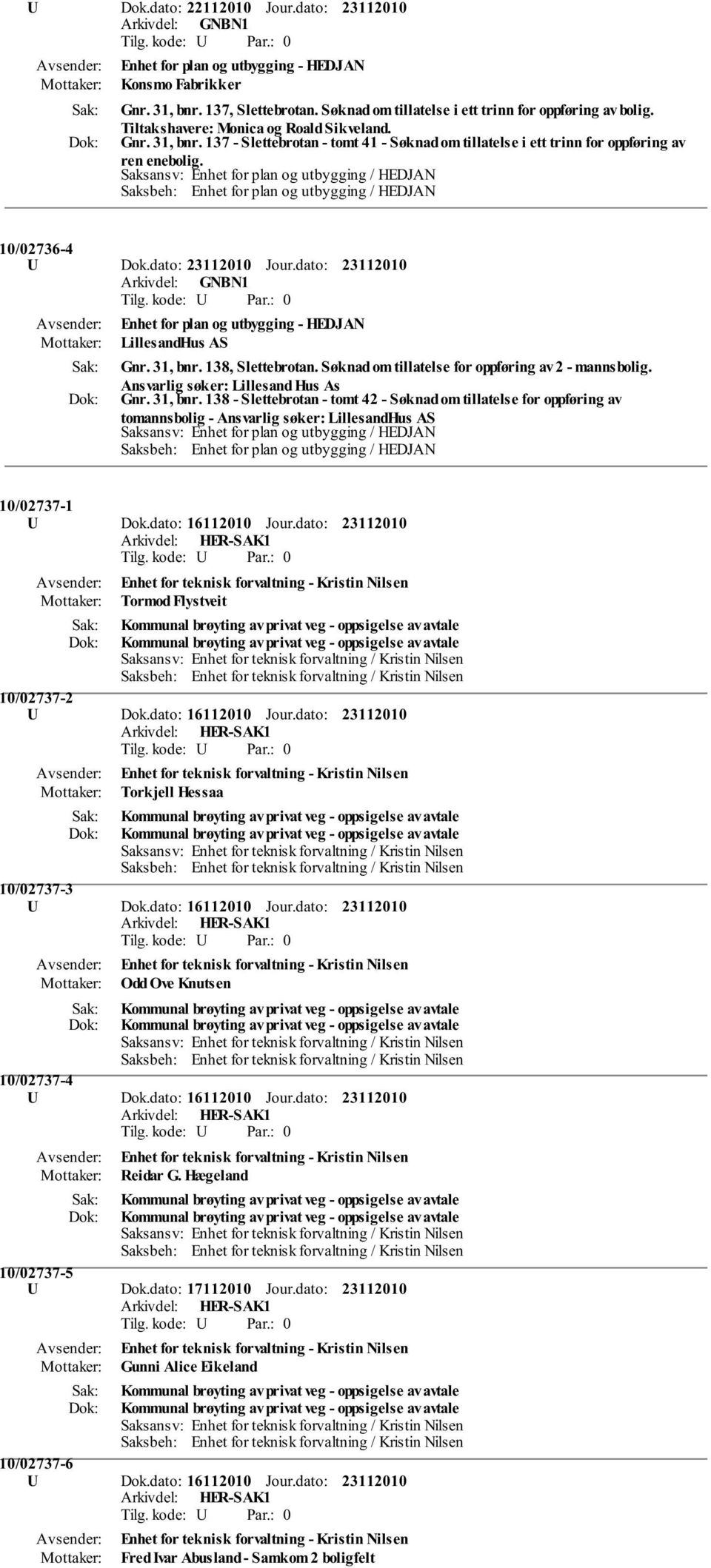 Saksansv: Enhet for plan og utbygging / HEDJAN Saksbeh: Enhet for plan og utbygging / HEDJAN 10/02736-4 U Dok.dato: Jour.dato: Enhet for plan og utbygging - HEDJAN LillesandHus AS Gnr. 31, bnr.