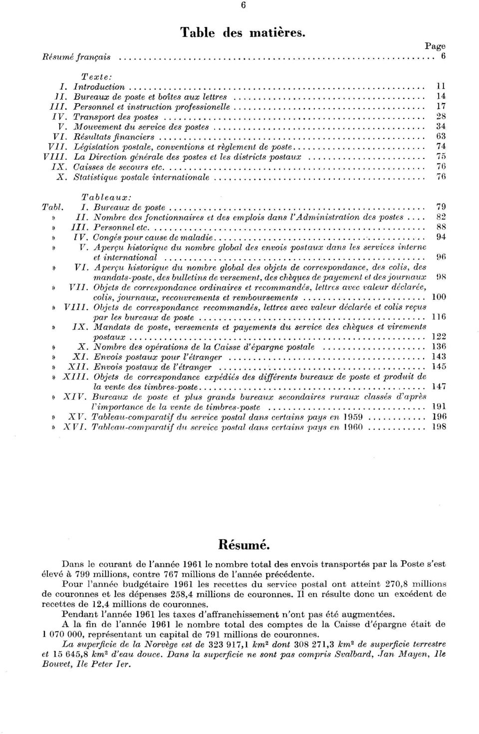 Caisses de secours etc 76 X. Statistique postale internationale 76 Tableaux: Tabl. I. Bureaux de poste 79 II.