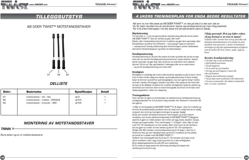 Beskrivelse Spesifikasjon Antall MONTERING AV MOTSTANDSSTAVER 4 UKERS TRENINGSPLAN FOR ENDA BEDRE RESULTATER Nå.som.du.har.fått.taket.på.AB.DOER.TWIST,.er.det.på.tide.å.si.det.som.det.er: Du.får.best.