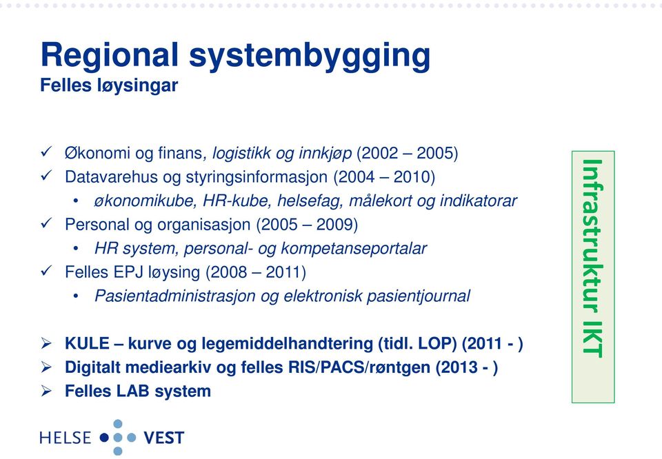 og kompetanseportalar Felles EPJ løysing (2008 2011) Pasientadministrasjon og elektronisk pasientjournal KULE kurve og