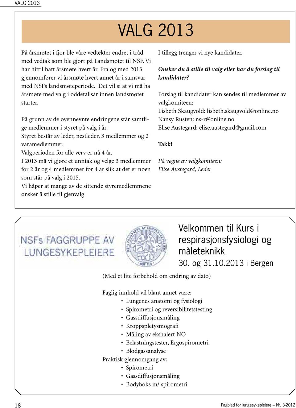 På grunn av de ovennevnte endringene står samtlige medlemmer i styret på valg i år. Styret består av leder, nestleder, 3 medlemmer og 2 varamedlemmer. Valgperioden for alle verv er nå 4 år.