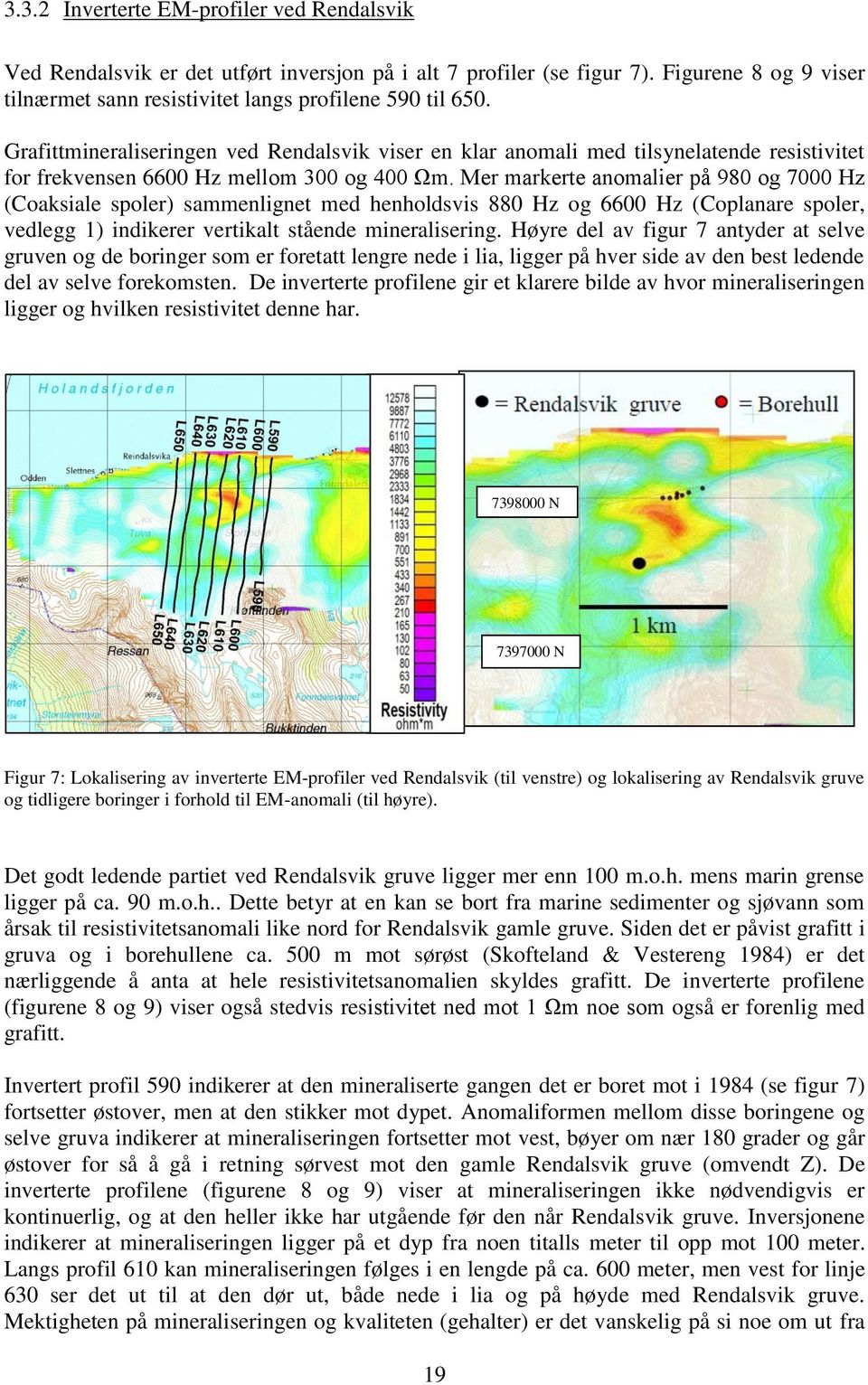 Mer markerte anomalier på 980 og 7000 Hz (Coaksiale spoler) sammenlignet med henholdsvis 880 Hz og 6600 Hz (Coplanare spoler, vedlegg 1) indikerer vertikalt stående mineralisering.