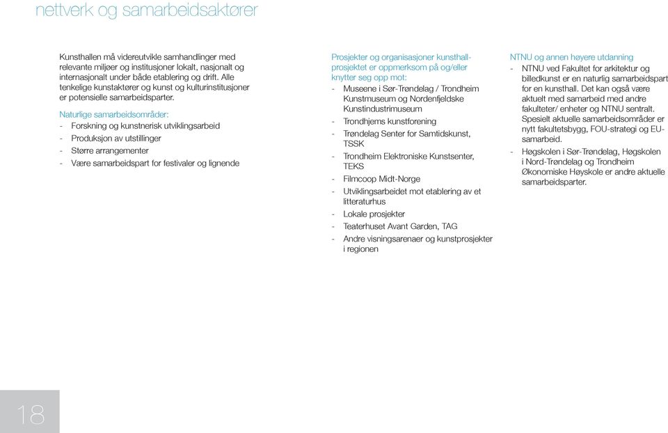 Naturlige samarbeidsområder: - Forskning og kunstnerisk utviklingsarbeid - Produksjon av utstillinger - Større arrangementer - Være samarbeidspart for festivaler og lignende Prosjekter og