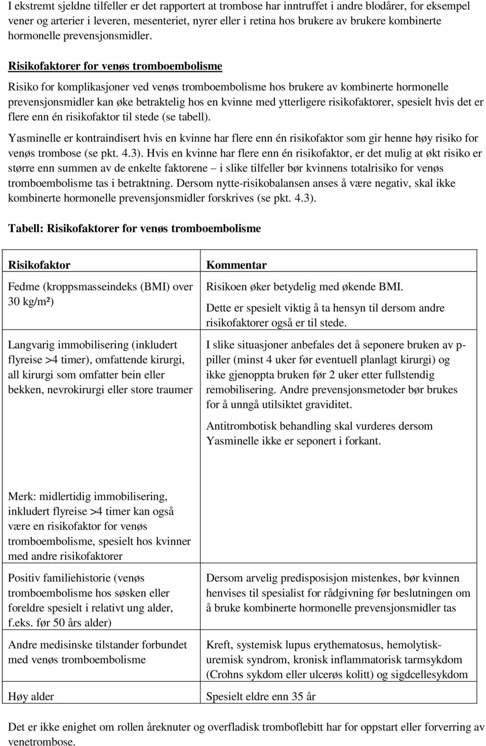 Risikofaktorer for venøs tromboembolisme Risiko for komplikasjoner ved venøs tromboembolisme hos brukere av kombinerte hormonelle prevensjonsmidler kan øke betraktelig hos en kvinne med ytterligere