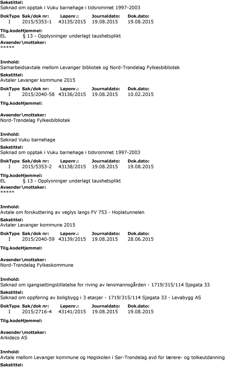 2015 Nord-Trøndelag Fylkesbibliotek Søknad Vuku barnehage Søknad om opptak i Vuku barnehage i tidsrommet 1997-2003 I 2015/5353-2 43138/2015 19.08.