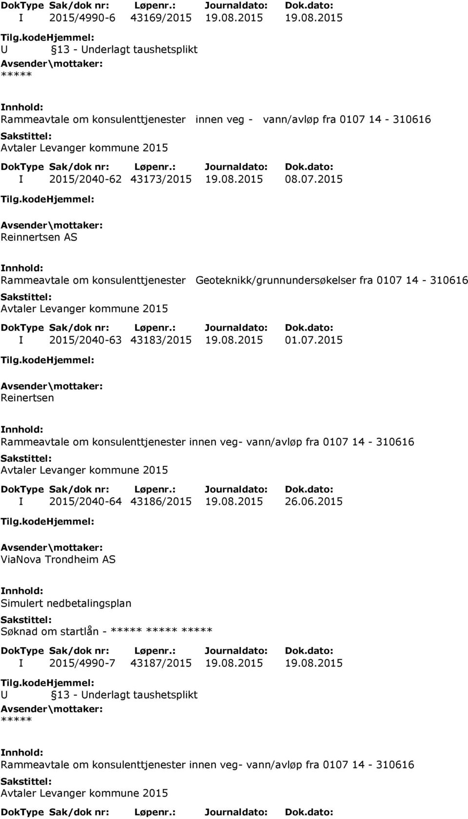 08.2015 26.06.2015 ViaNova Trondheim AS Simulert nedbetalingsplan Søknad om startlån - I 2015/4990-7 43187/2015 19.08.2015 19.08.2015 Rammeavtale om konsulenttjenester innen veg- vann/avløp fra 0107 14-310616