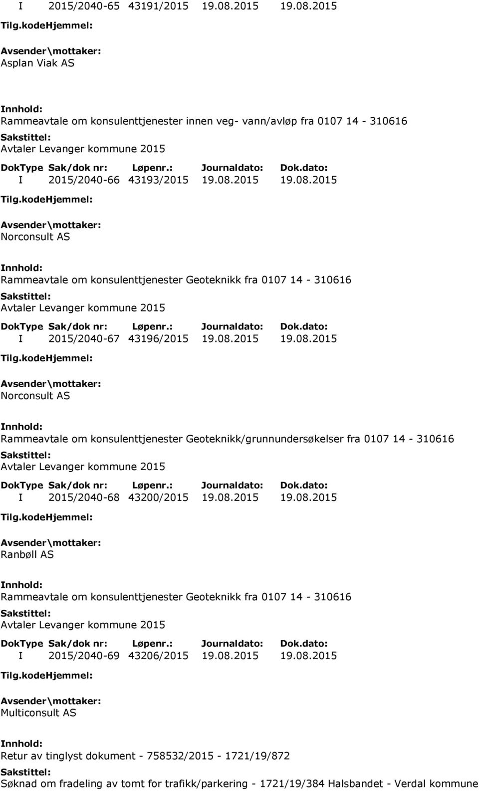 08.2015 19.08.2015 Multiconsult AS Retur av tinglyst dokument - 758532/2015-1721/19/872 Søknad om fradeling av tomt for trafikk/parkering - 1721/19/384 Halsbandet - Verdal kommune