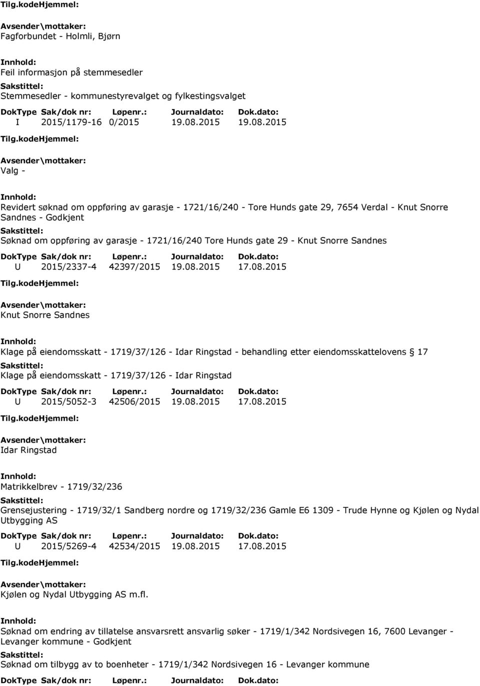 2015 Valg - Revidert søknad om oppføring av garasje - 1721/16/240 - Tore Hunds gate 29, 7654 Verdal - Knut Snorre Sandnes - Godkjent Søknad om oppføring av garasje - 1721/16/240 Tore Hunds gate 29 -