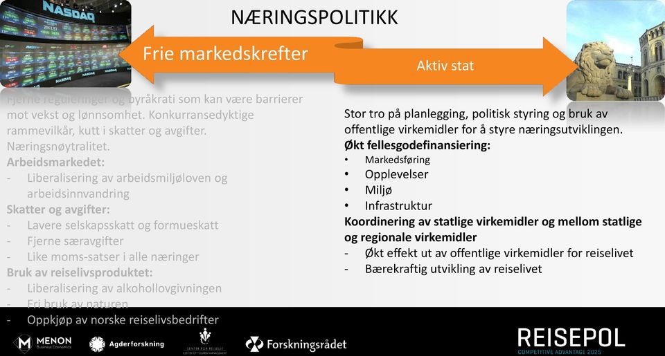 Arbeidsmarkedet: - Liberalisering av arbeidsmiljøloven og arbeidsinnvandring Skatter og avgifter: - Lavere selskapsskatt og formueskatt - Fjerne særavgifter - Like moms-satser i alle næringer Bruk av