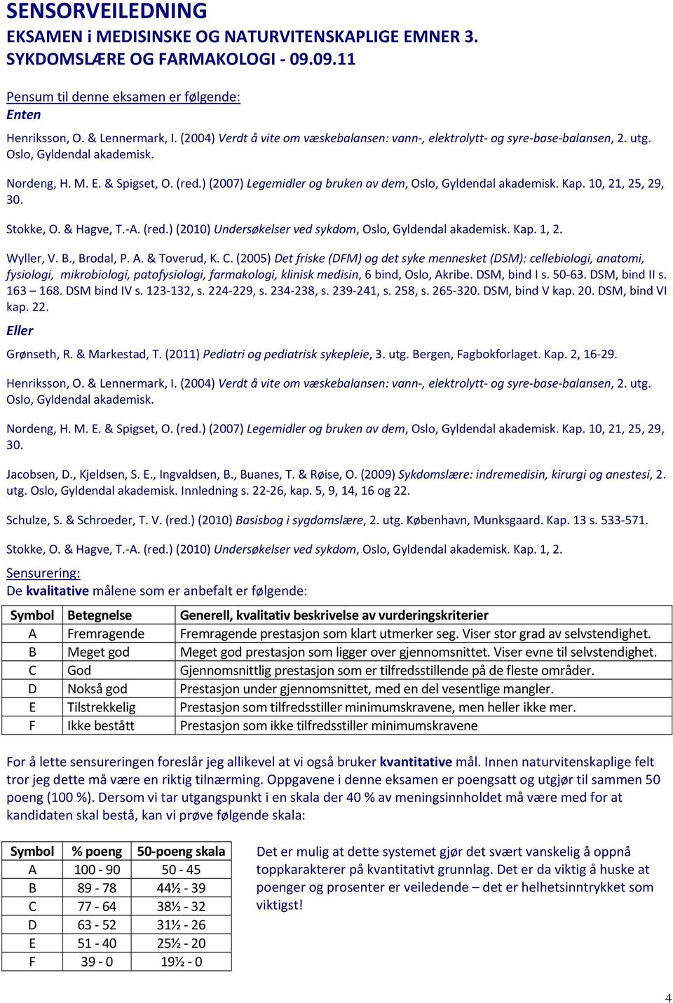 ) (2007) Legemidler og bruken av dem, Oslo, Gyldendal akademisk. Kap. 10, 21, 25, 29, 30. Stokke, O. & Hagve, T. A. (red.) (2010) Undersøkelser ved sykdom, Oslo, Gyldendal akademisk. Kap. 1, 2.