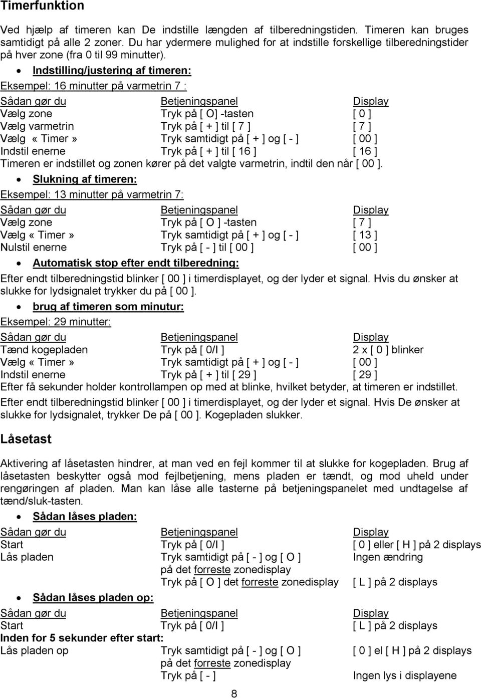 Indstilling/justering af timeren: Eksempel: 16 minutter på varmetrin 7 : Sådan gør du Betjeningspanel Display Vælg zone Tryk på [ O] -tasten [ 0 ] Vælg varmetrin Tryk på [ + ] til [ 7 ] [ 7 ] Vælg